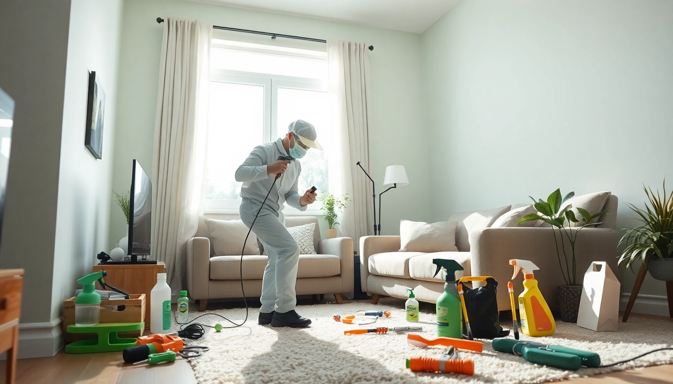 Fast insect control service by a professional technician applying eco-friendly treatment in a home setting.