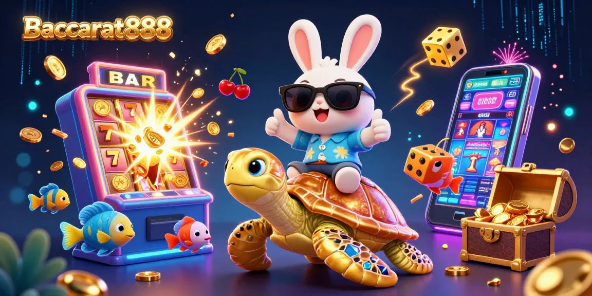 Baccarat888 game illustration featuring a lucky rabbit and golden turtle amidst dynamic casino elements.