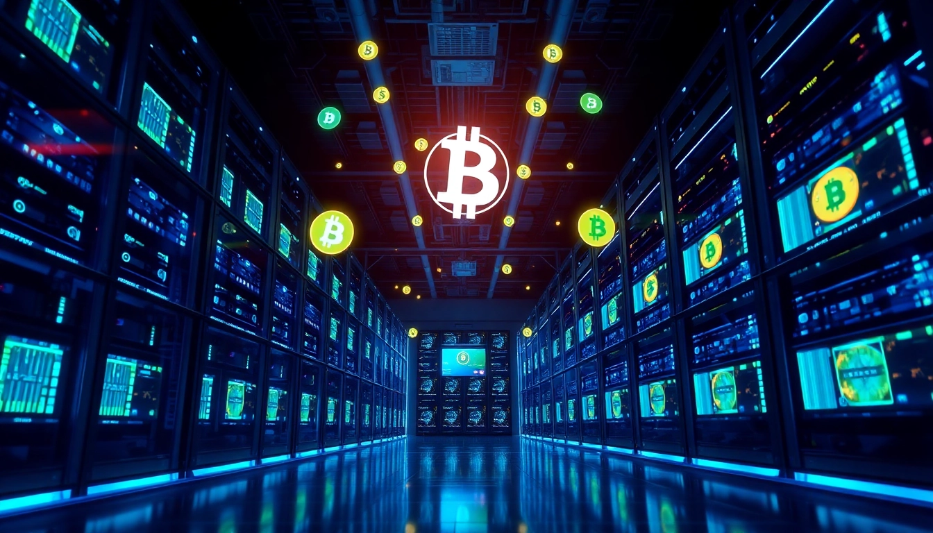 Dynamic view of a crypto mining data center showcasing advanced rigs and screens.
