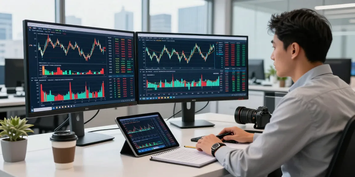 Dynamic workspace with financial analyst reviewing real time market data on multiple screens.