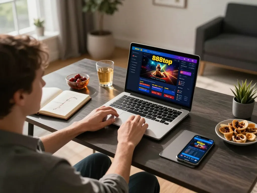 Player engaging in an online game on 888top's platform at home with focused attention and snacks.