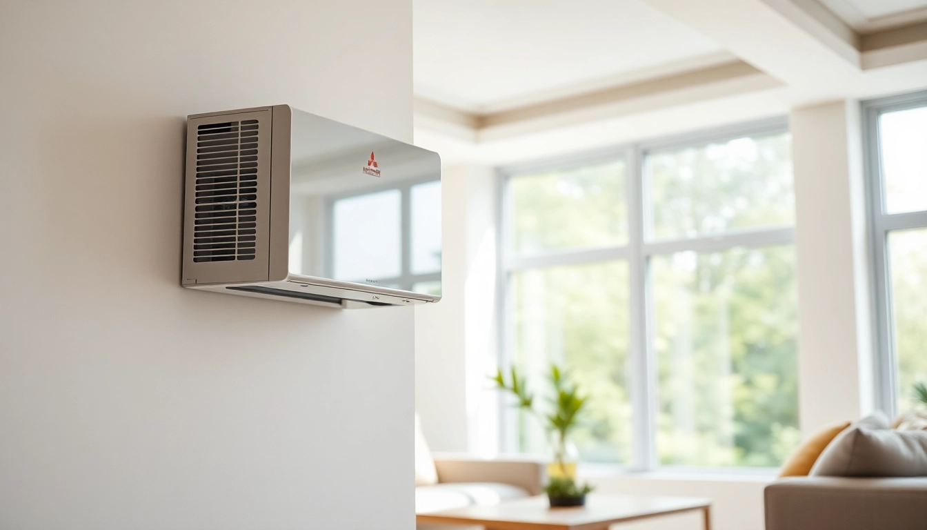 Install a mitsubishi mini split ac system in a modern living room with natural lighting.