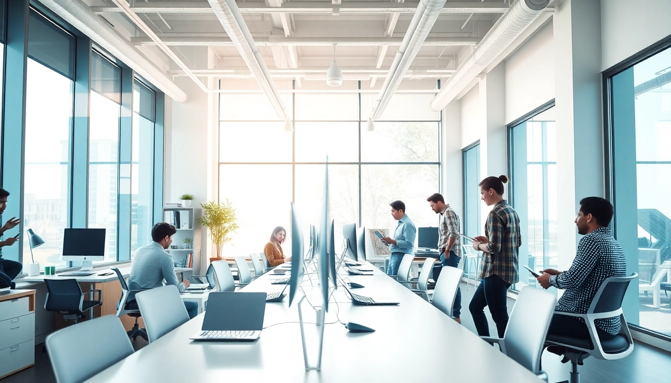 Web design company team collaborating in a modern workspace with technology and creativity.