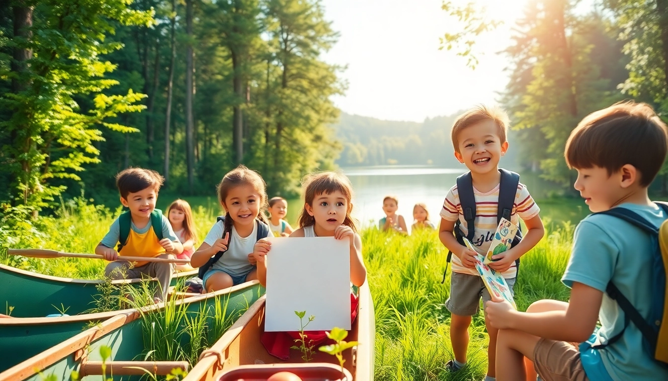 Children participating in activities at a coed summer camp in a vibrant, green setting.