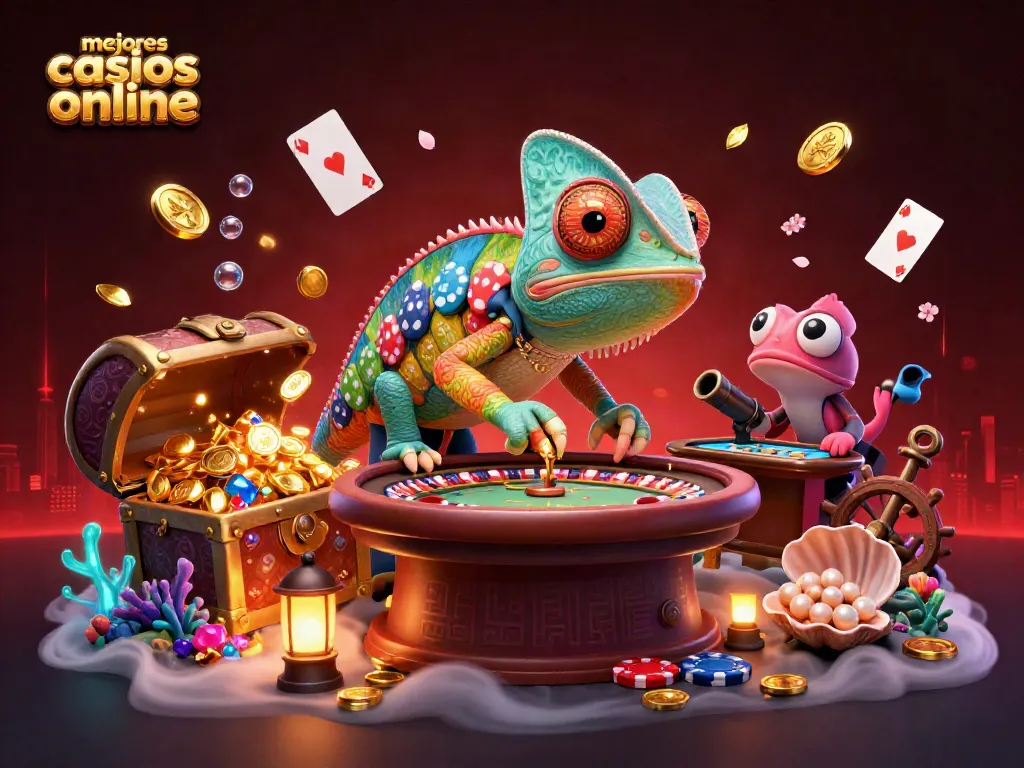 Disfruta de los mejores casinos online con una emocionante ilustración de un camaleón propietario de un casino que atrapa monedas doradas.
