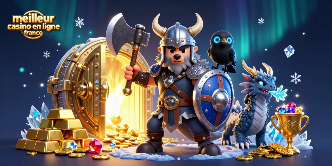 Plongez dans l'univers du meilleur casino en ligne France avec un guerrier viking, un dragon et des trésors scintillants.