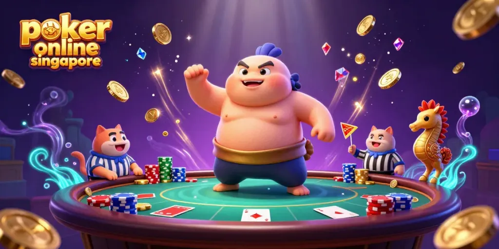 Play poker online Singapore with exciting casino elements featuring colorful chips and cards.
