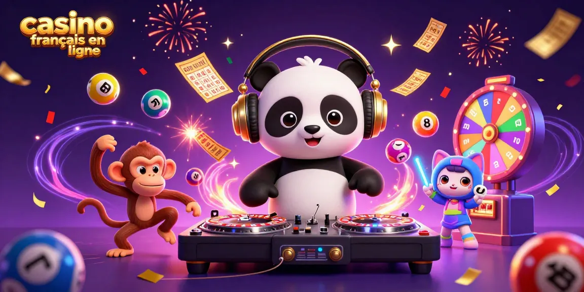 Profitez de l'excitation du casino français en ligne avec des personnages festifs entourés d'éléments de jeu.