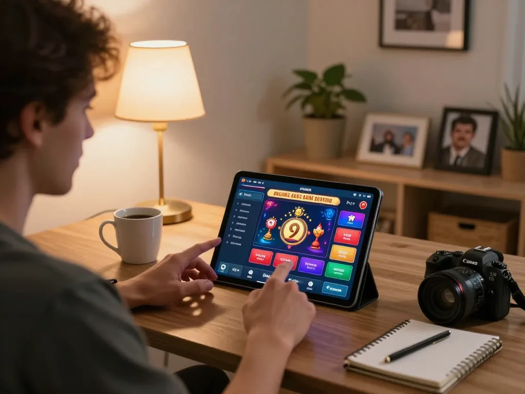 Playing casino online gratis senza registrazione on a tablet in a cozy home setting, showcasing strategic online gambling.