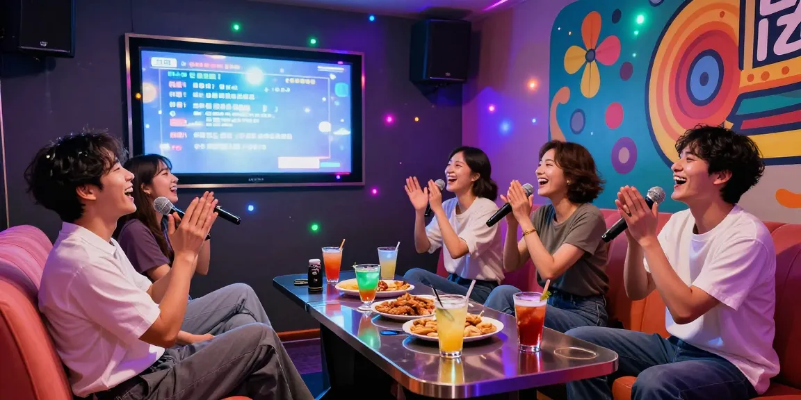 Friends enjoying a fun night at 강남가라오케, singing with vibrant decor and drinks.