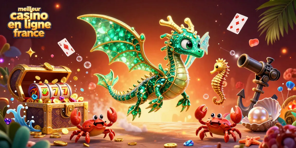 Gagnez avec le meilleur casino en ligne France : dragons marins et pièces d'or dans une scène captivante.