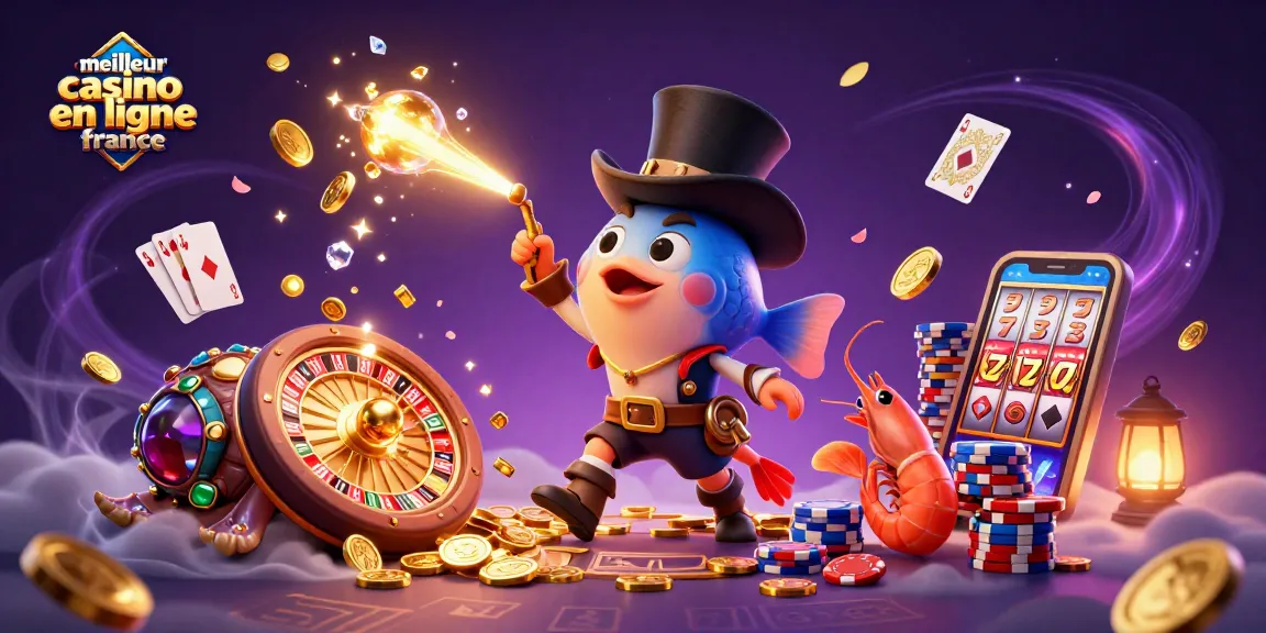 Illustration dynamique d'un meilleur casino en ligne France avec des personnages de poisson et de crevette en dessin animé.