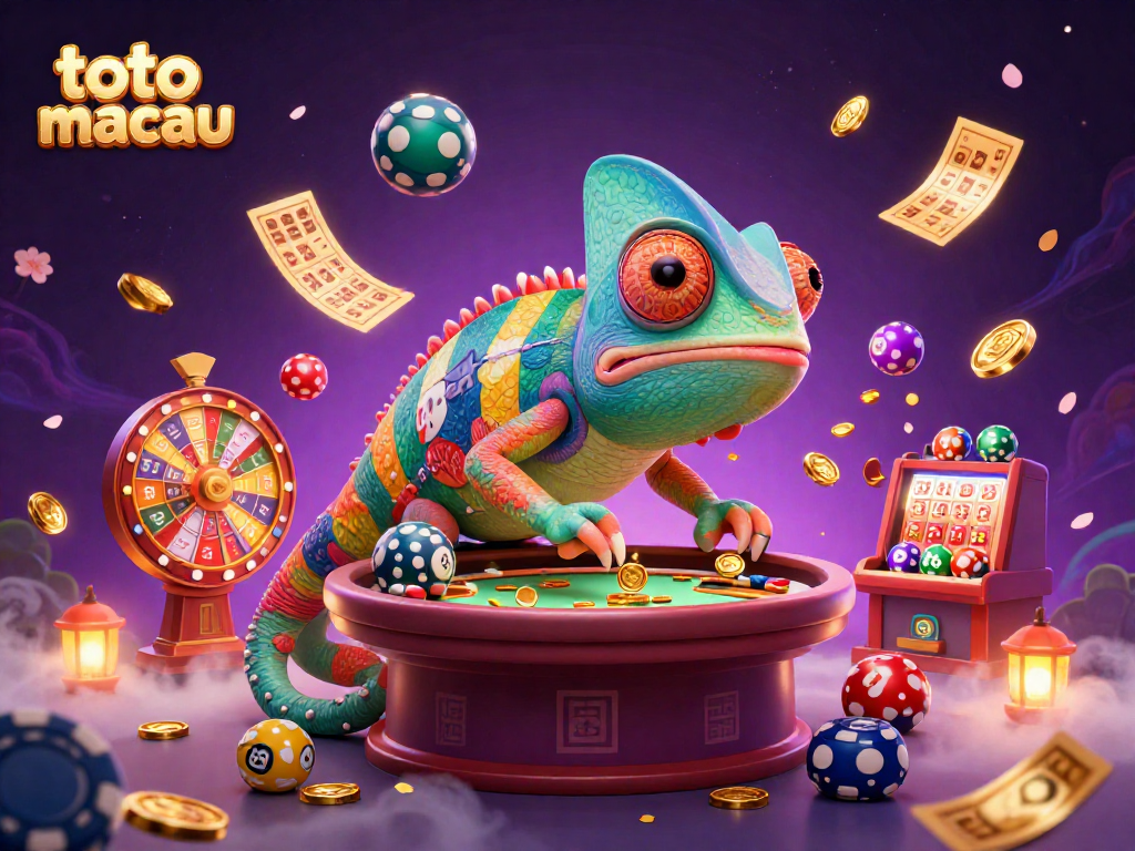 Experience engaging games at toto macau with vibrant elements, including a charming chameleon and dynamic lottery balls.