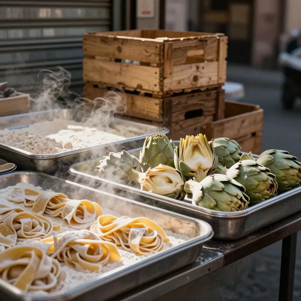 Roman market stall close-up with fresh pasta, artichokes, crates, and steam.