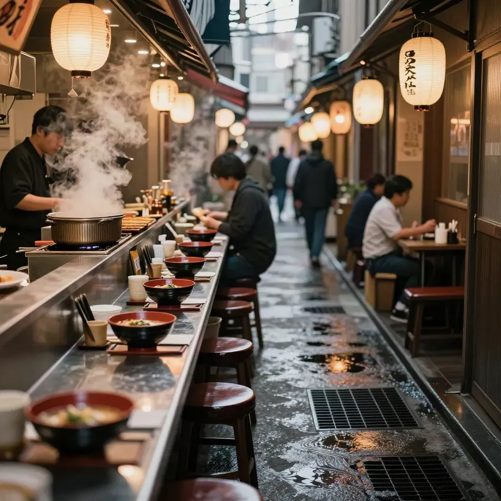 Steam rises over Tokyo ramen counters in a narrow night alley lit by lanterns and grill glow.