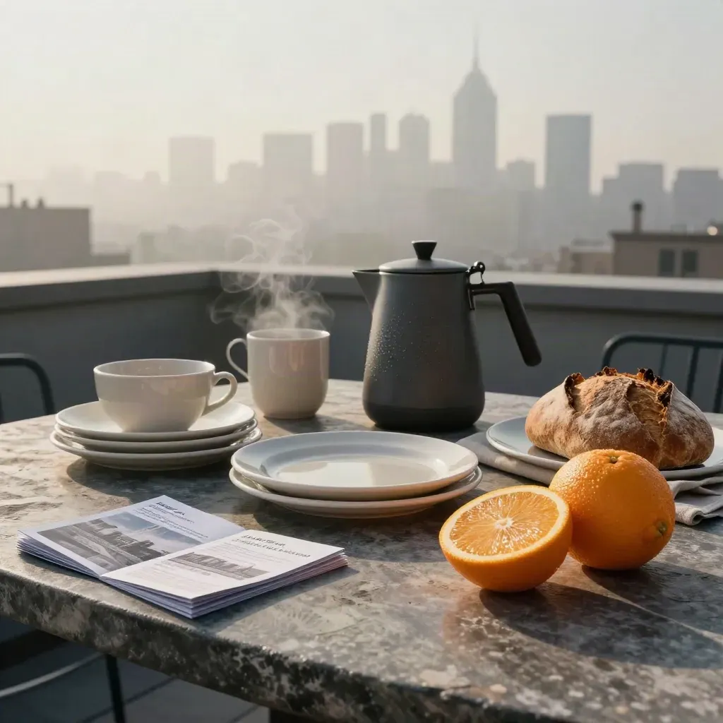 Rooftop breakfast spread with coffee, plates, bread, citrus, and skyline in dawn mist.