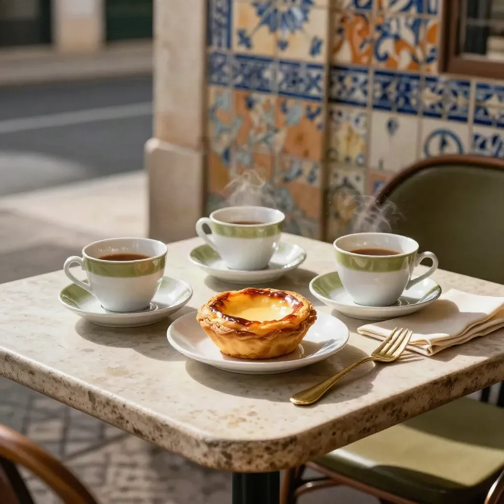 Lisbon café terrace with pastel de nata, porcelain cups, and sunlit tiles.