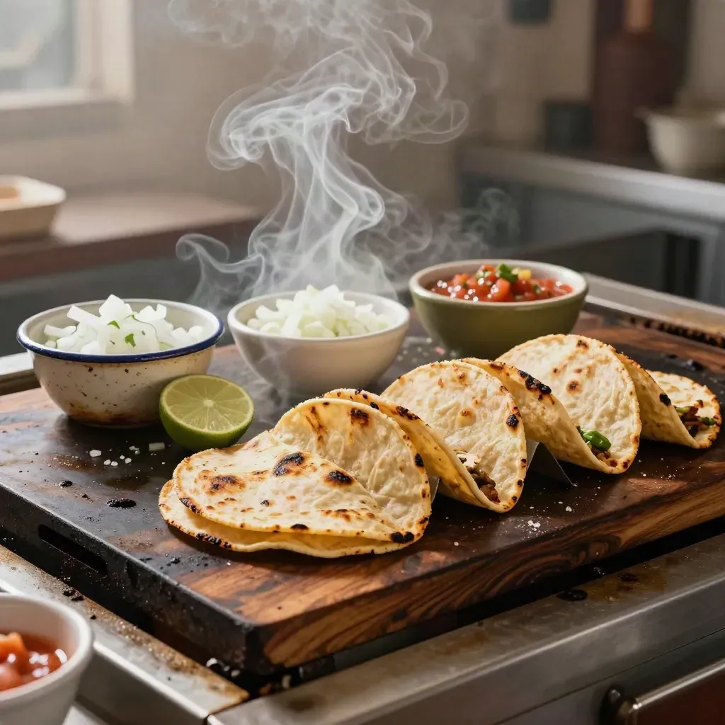 Smoke rises from blistering tacos beside limes, onions, and salsa bowls on a hot griddle.
