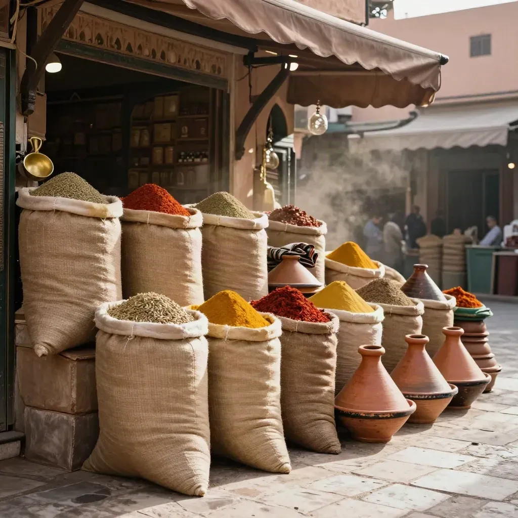 Spice sacks and stacked tagines in a Marrakech souk, dust glowing in daylight.
