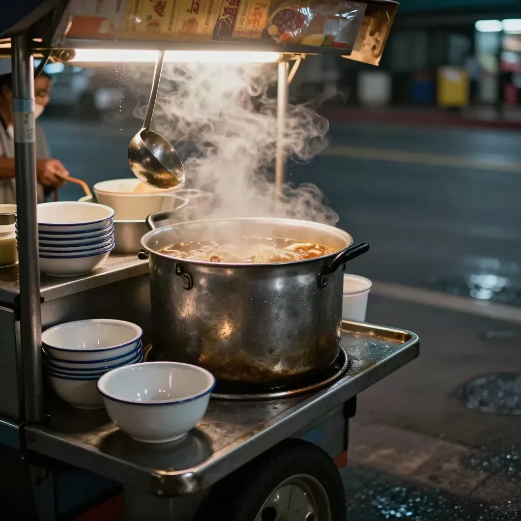 Bubbling Bangkok noodle cart with steam, enamel bowls and transit-side curb light