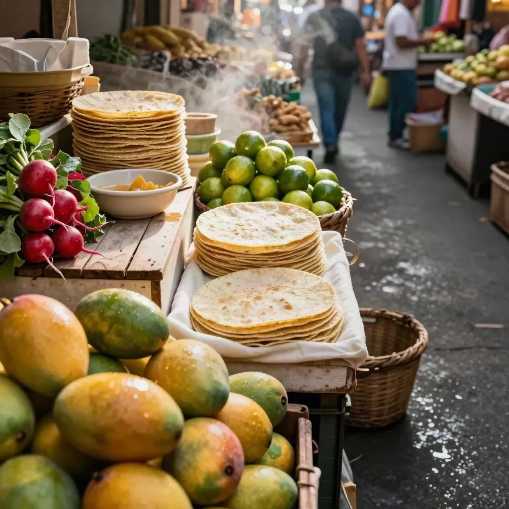 High-angle Mexico City market aisle with mangoes, limes, radishes, and stacked tortillas.