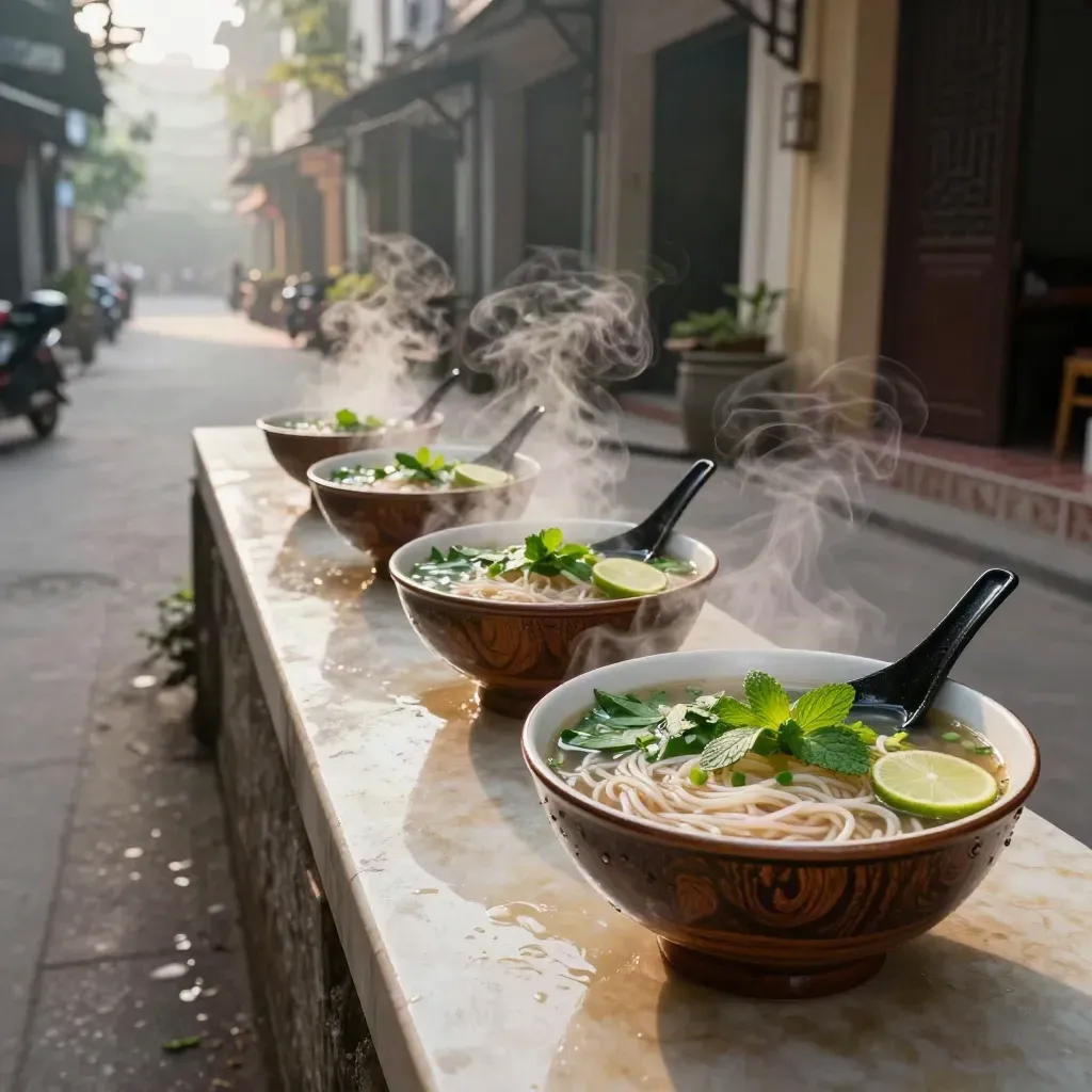 Steaming pho bowls lined along a Hanoi lane with herbs, limes, and enamel spoons at dawn.