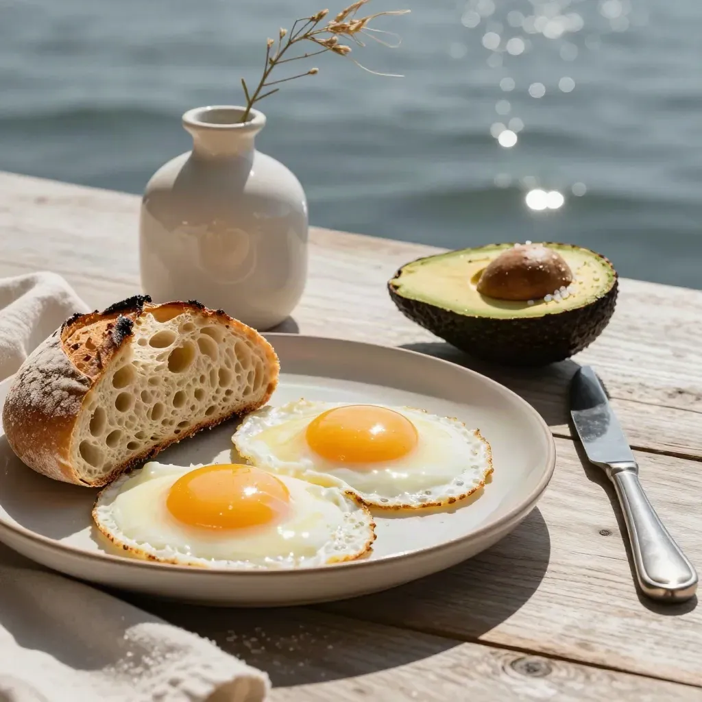 Sydney brunch plate with eggs, sourdough, avocado, and harbor water beyond the deck.