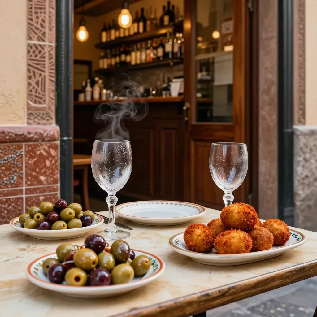 Seville tapas bar table with olives, croquettes, and chilled glasses by a warm doorway.