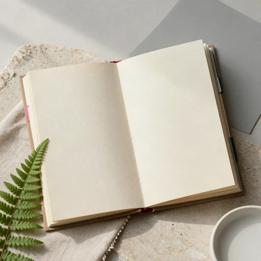 Cream city atlas booklet with tabs, fern, linen swatch and ceramic dish on pale stone.