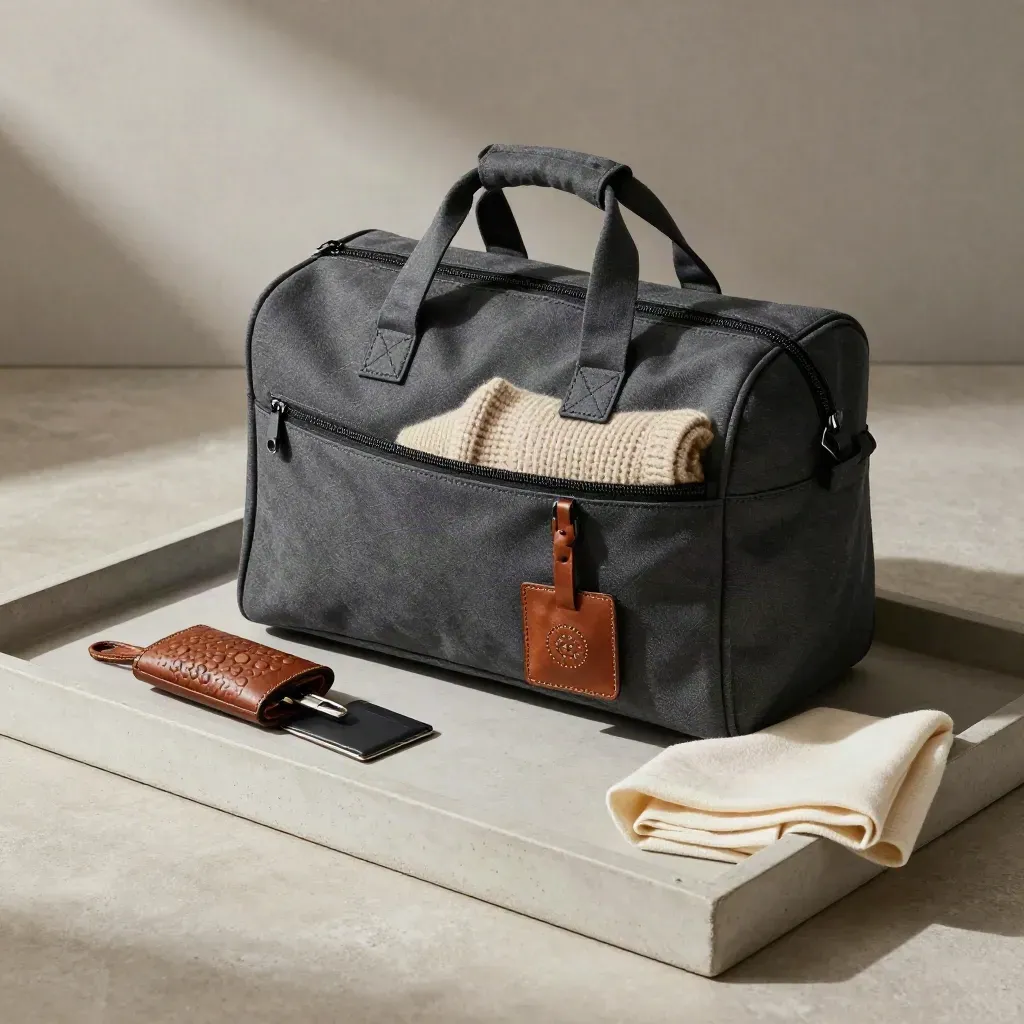 Charcoal overnight bag half-packed on a concrete tray with sweater, key pouch and card holder.