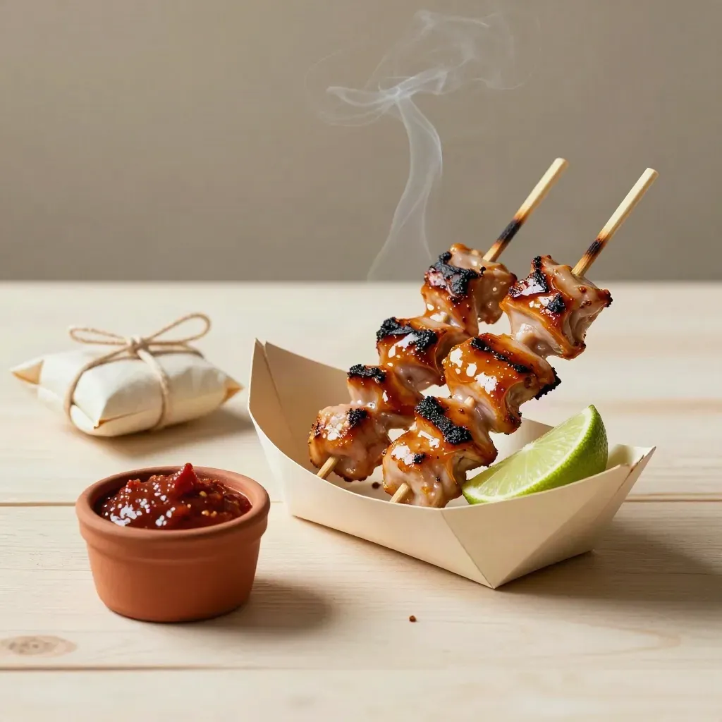 Grilled skewers in a paper boat with lime, chili paste, and a waxed parcel on pale wood.