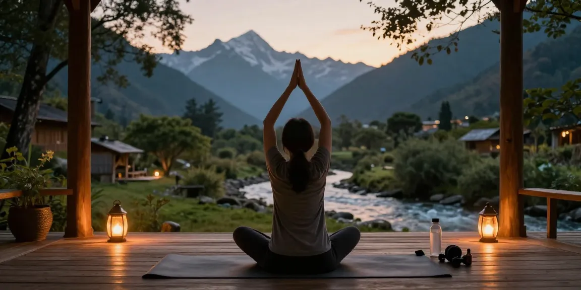 Yoga retreat in Rishikesh featuring a serene yogi meditating at sunset with Himalayan views and tranquil surroundings.