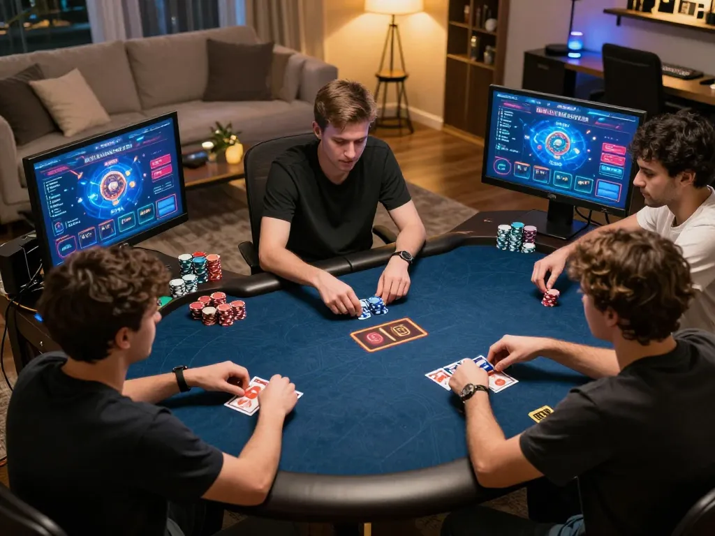 jmb88 players enjoying exciting poker sessions at home, showcasing virtual strategy and social interaction