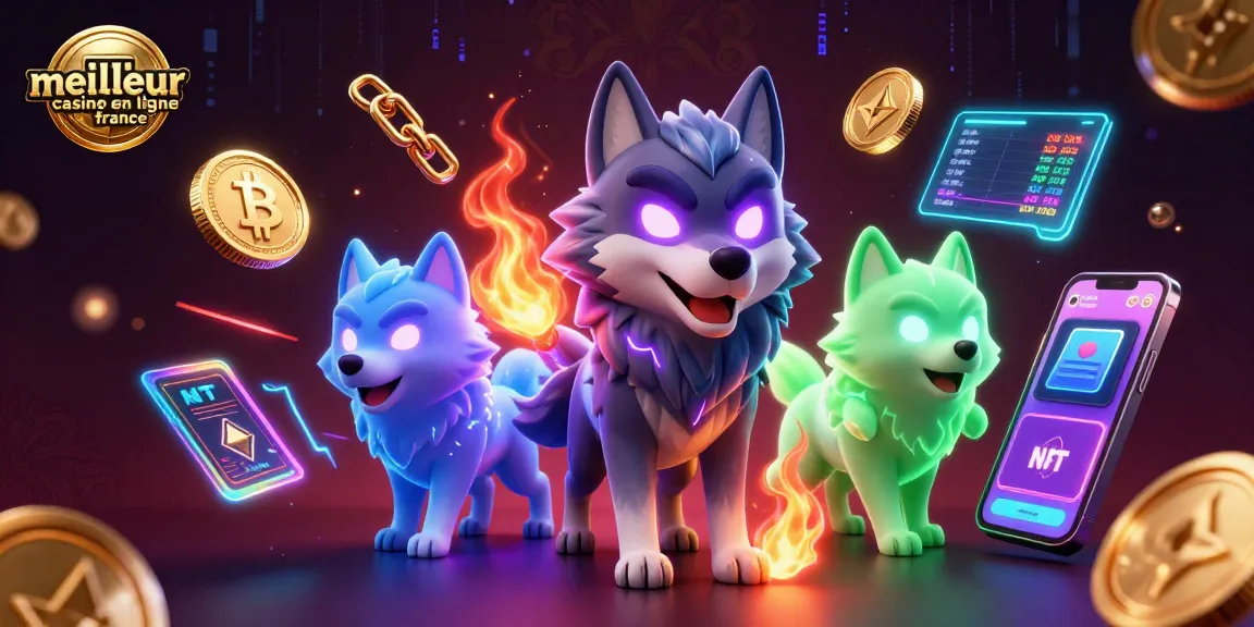 Plongez dans l'univers du meilleur casino en ligne France avec des loups spectres et des éléments de crypto-monnaie scintillants.