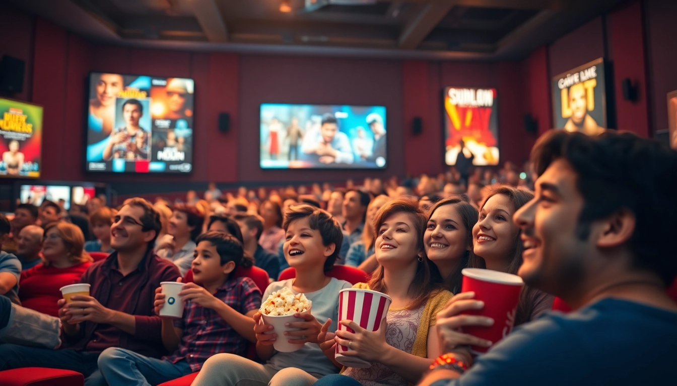 ดูหนัง โดยมีผู้ชมสนุกสนานในโรงภาพยนตร์ที่เต็มไปด้วยความตื่นเต้น