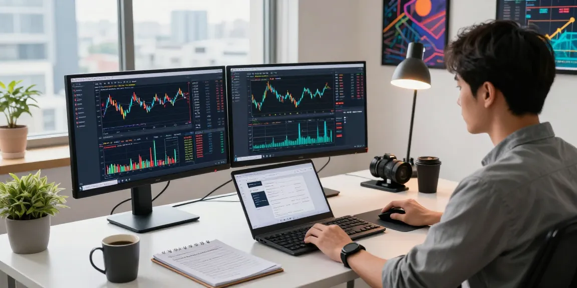 Developer analyzing Japan stock real-time API data on multiple monitors in a vibrant workspace.