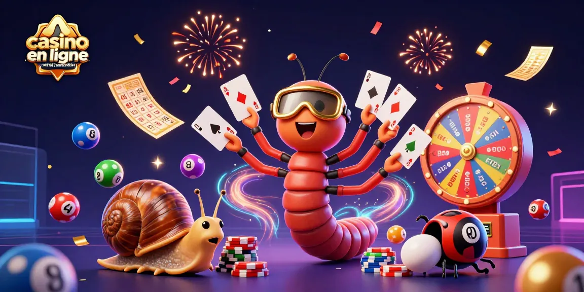 Visuel d'un casino en ligne retrait immédiat où un mille-pattes dealer distribue des cartes tandis qu'un escargot pousse des jetons puissants.