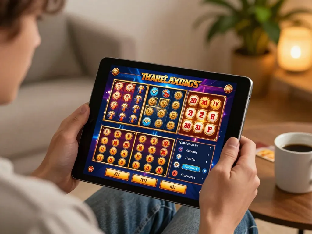 Kubet user playing online slots on a tablet in a cozy home setting, embodying the excitement of digital gambling.