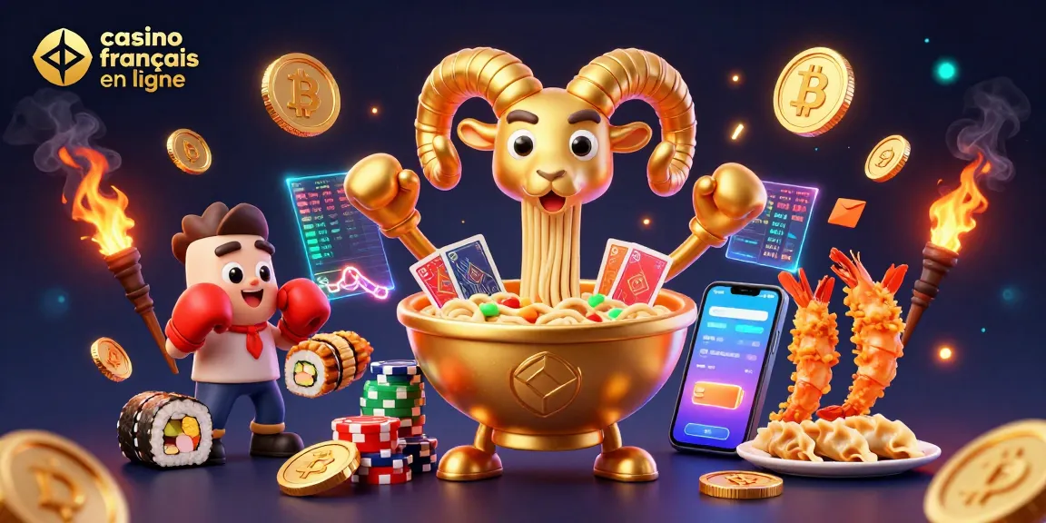 Action dynamique avec le casino francais en ligne : un bol de ramen doré, un dealer de sushi, et des pièces de crypto.