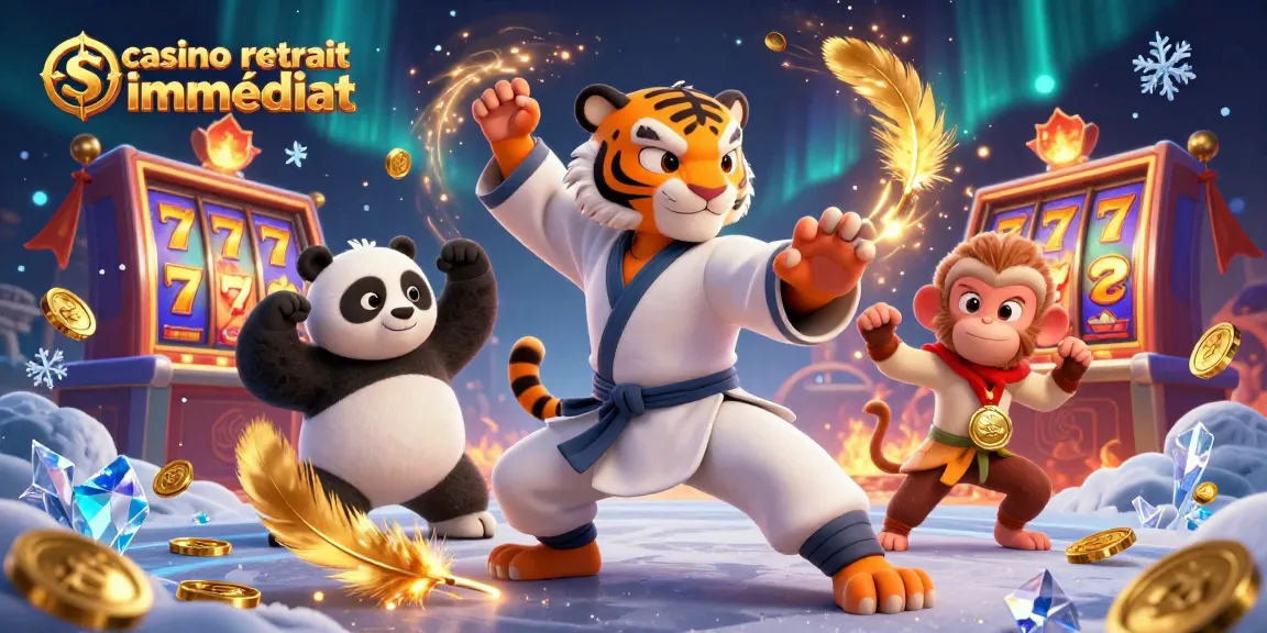 Illustration dynamique de casino retrait immédiat avec un tigre maître kung fu et un panda, entourés d'éléments de jeu.