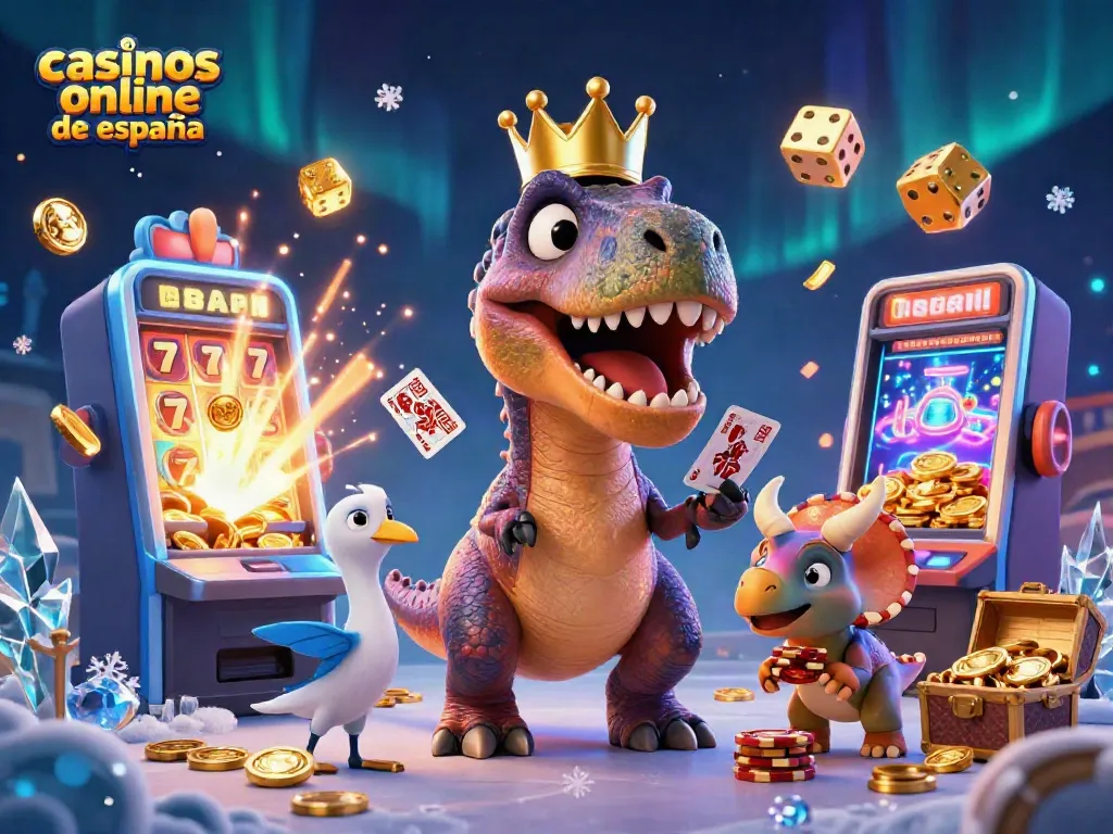 Tragaperras y juegos en casinos online de España mostrando un T-Rex repartiendo cartas.