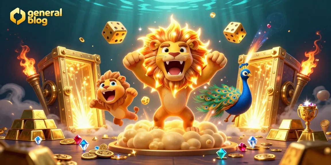 Win big at general blog with a vibrant casino scene featuring golden treasure, playful dice, and icons.