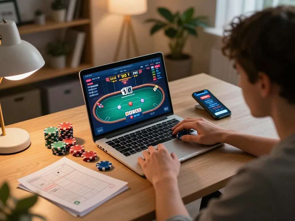Engaging gaming moment with yowesjp daftar showing online poker on laptop and strategy materials.