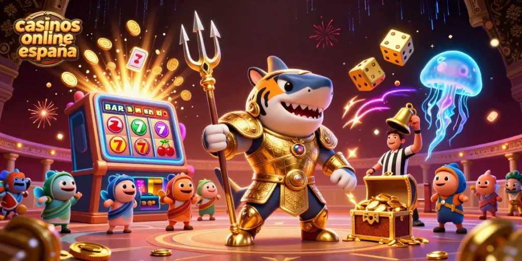 Las mejores acciones en casinos online España con un tigre guerrero y máquinas tragaperras.