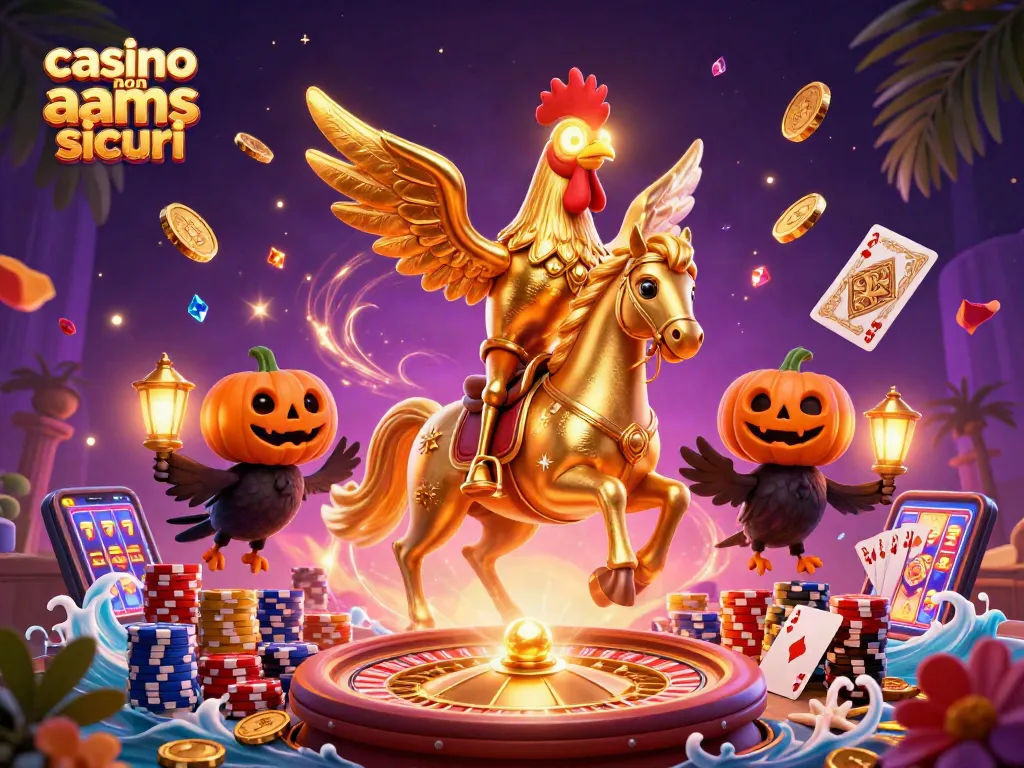 I giocatori esplorano l'universo di casino non AAMS sicuri, circondati da monete dorate e giochi emozionanti.