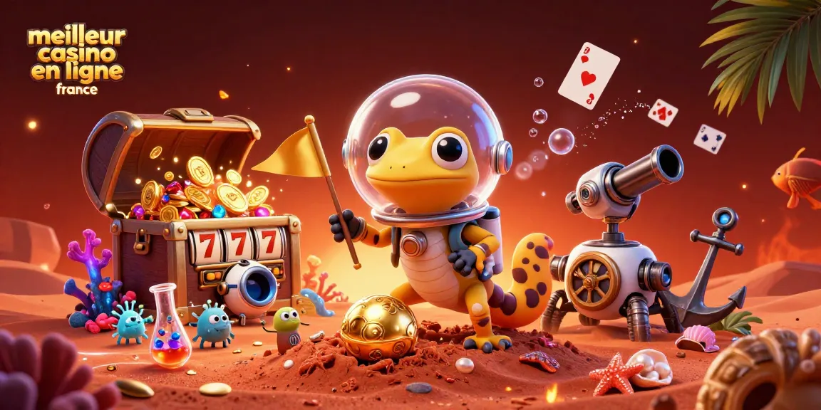 Illustration 3D d'un gecko martien découvrant un casino, le meilleur casino en ligne France en arrière-plan.