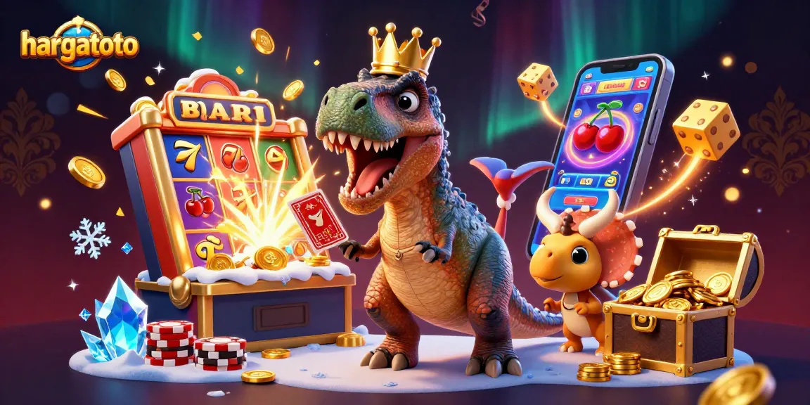 Join the fun at hargatoto with a T-Rex shuffling cards and jackpots exploding around a colorful casino.