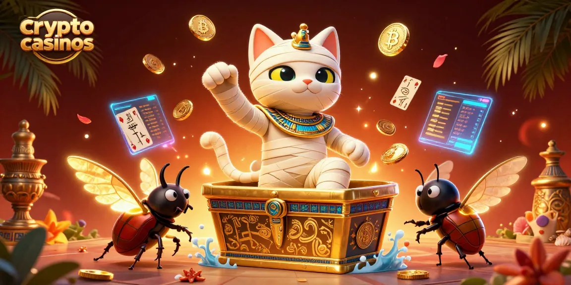Illustration dynamique de crypto casinos avec un chat momie égyptien et un scarabée doré
