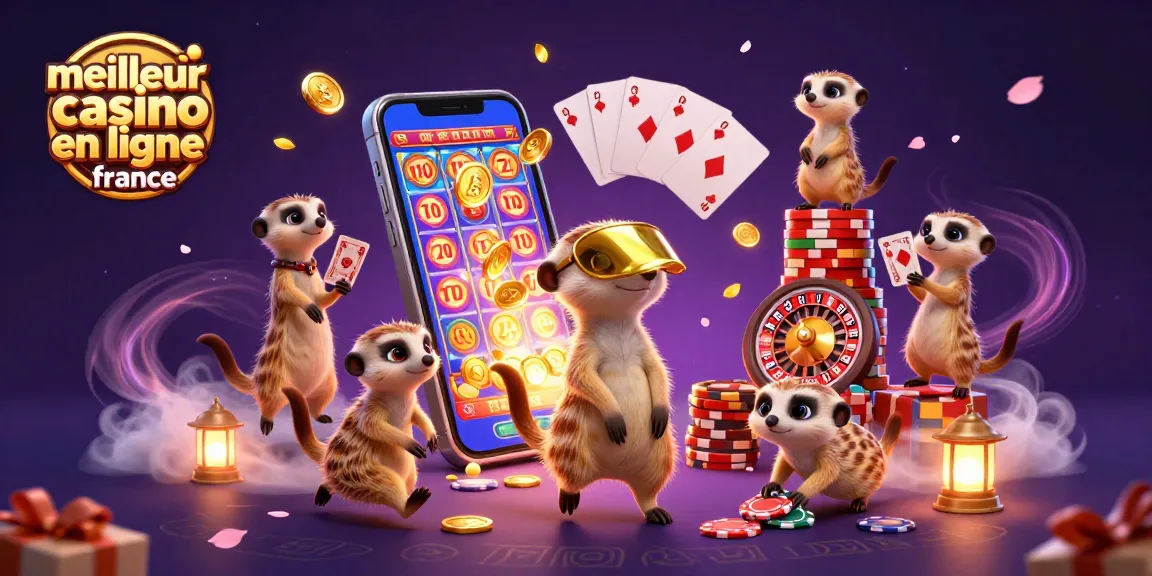 Illustration captivante du meilleur casino en ligne France avec des suricates animés, des jeux et des jetons.