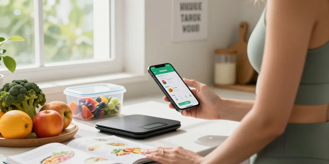 Modern kitchen with healthy individual using the best macro tracking app to review nutrition.
